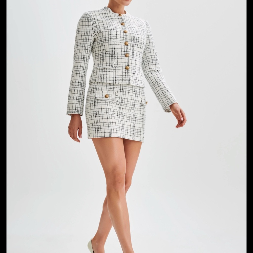 Meshki Ivory Plaid Jacket with Gold Accents